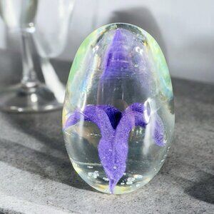 1999 TITAN Art Glass Paperweight Clear Purple Trumpet Flower Signed Vintage